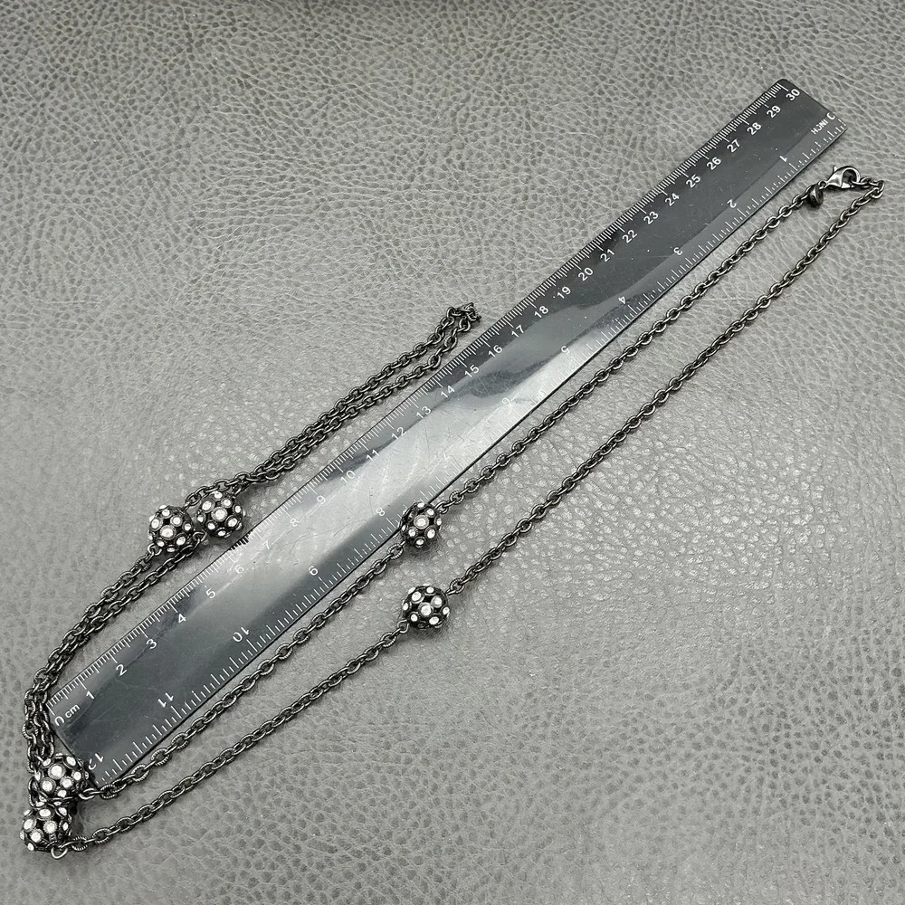 LOFT Necklace Gunmetal Tone Long‎ Chain Pave Crystal Ball Station Womens Jewelry